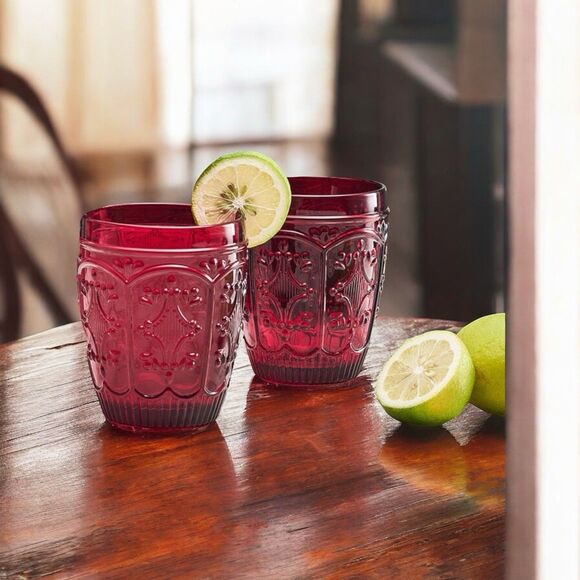 2 Ruby Red Pattern Lowball Old Fashioned Whiskey Double Rocks Tumblers Trestle - Picture 1 of 6